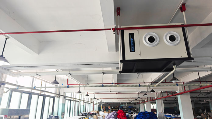 制衣廠整體制冷降溫，應(yīng)用蒸發(fā)冷省電空調(diào)-臥式射流機組